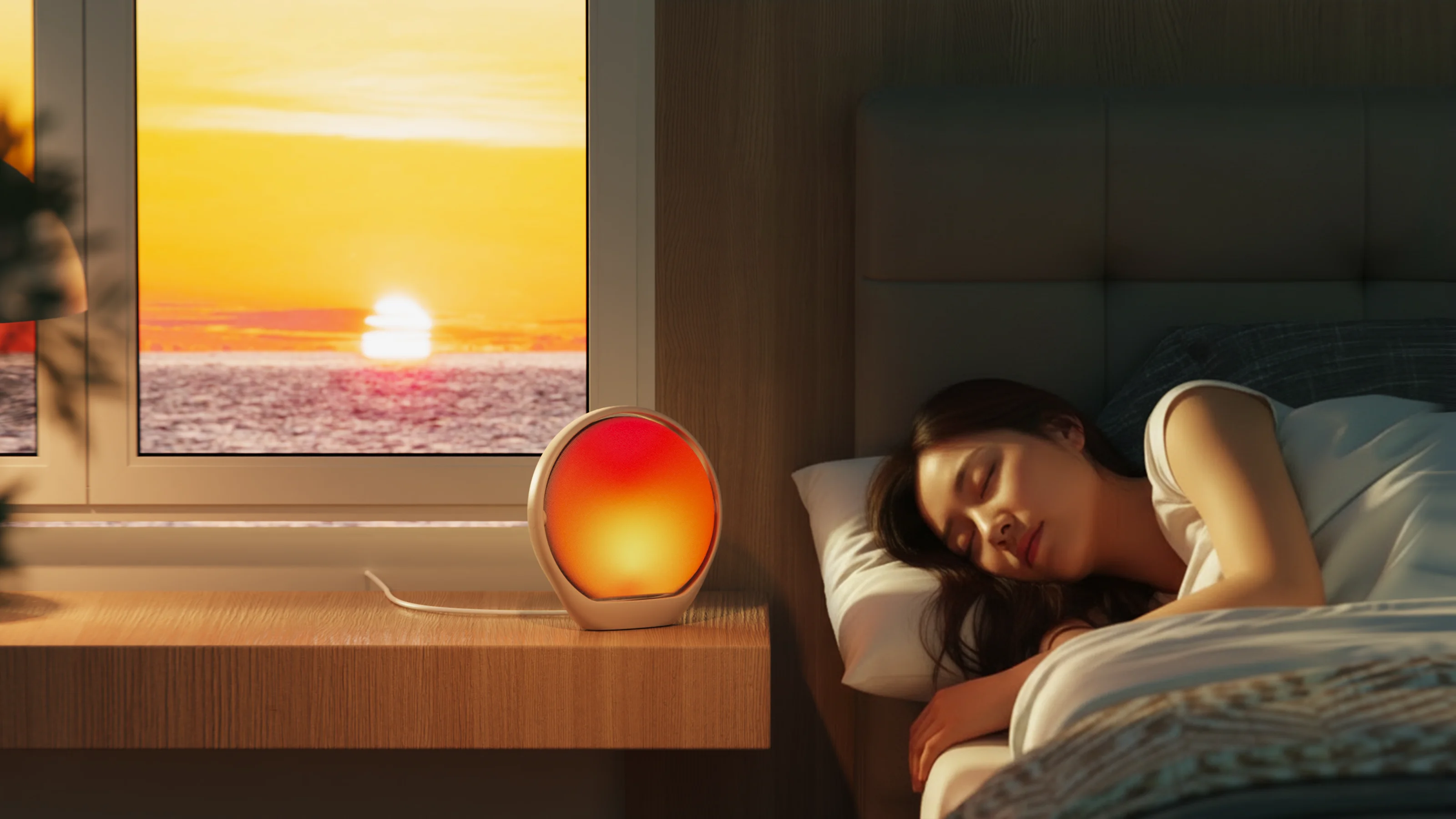 N21 beside a bed during a gentle wake-up scene