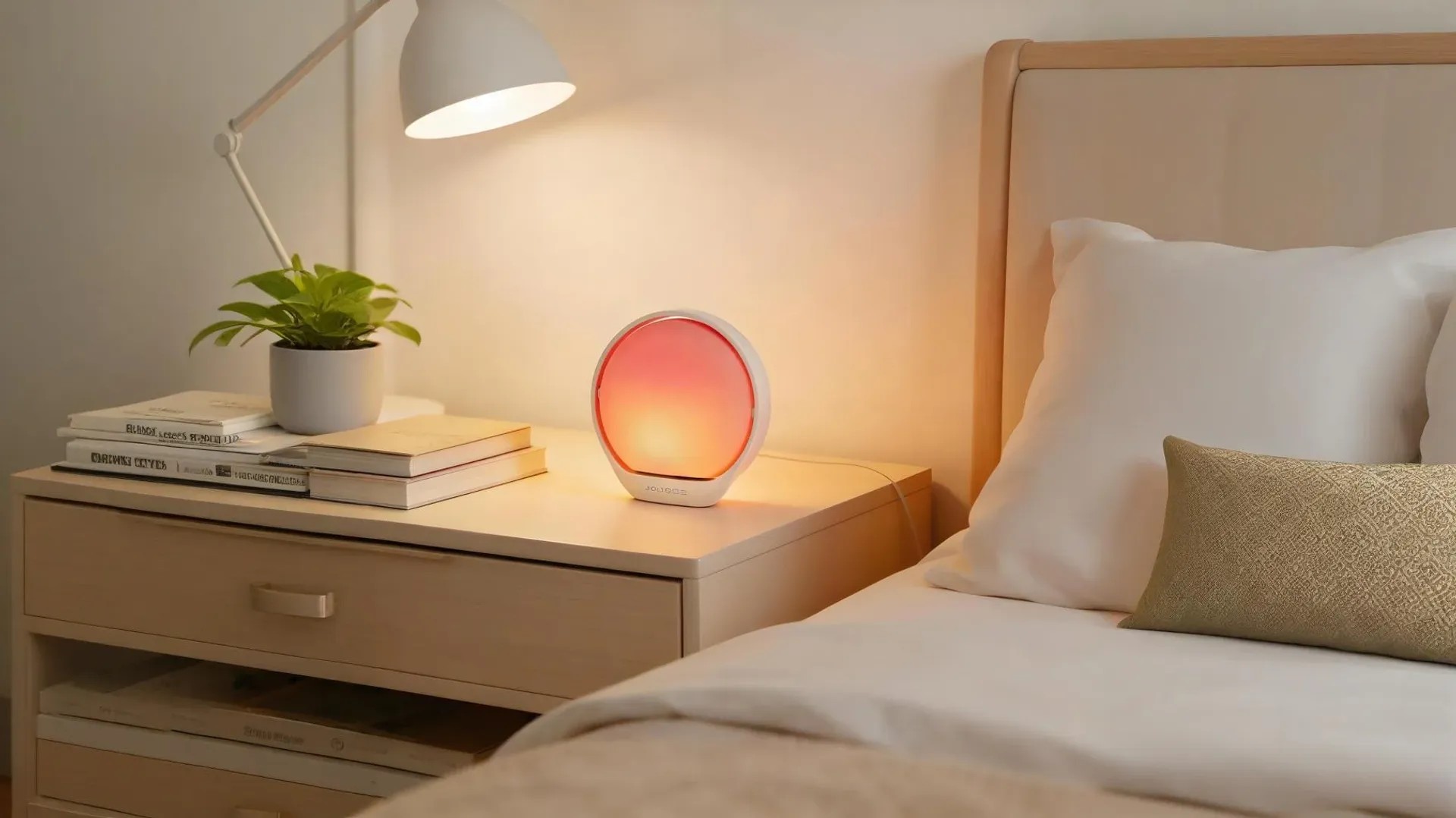 Nesoul ambient light projector on a bedside table